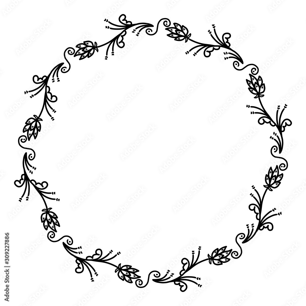 Wreath frame of flowers on a curly stem with abstract elements. Monochrome wreath on a white background with place for text. Fantasy floral element for design.