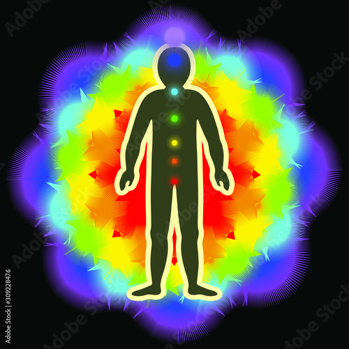 The aura of the body. Rainbow color marked layers of the male body. Etheric, emotional, metallic, astral, celestial and causal layer. Isolated vector on black background