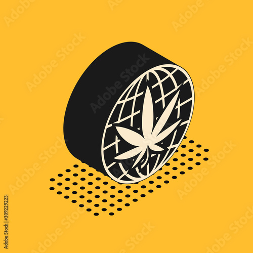 Isometric Legalize marijuana or cannabis globe symbol icon isolated on yellow background. Hemp symbol.  Vector Illustration