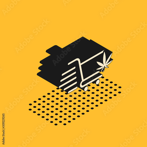 Isometric Shopping cart with marijuana or cannabis leaf icon isolated on yellow background. Online buying. Delivery service. Supermarket basket.  Vector Illustration