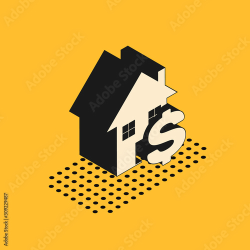 Isometric House with dollar symbol icon isolated on yellow background. Home and money. Real estate concept.  Vector Illustration