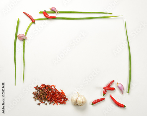 Vegetable picture frame made with onion, garlic, red chili pepper, chive and garlic.