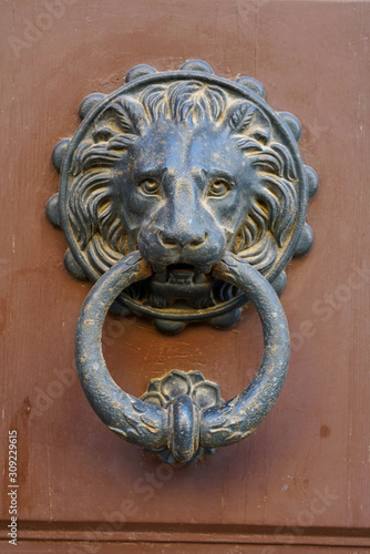 An old metal door knocker on a wooden door © jekatarinka