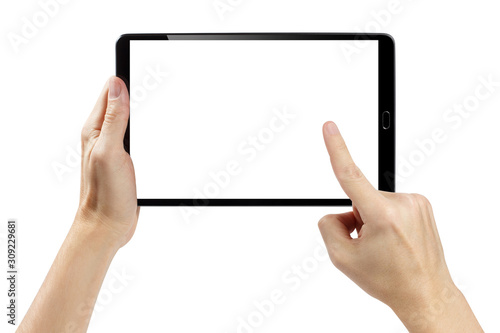 Hands touching blank screen of black tablet computer, isolated on white background