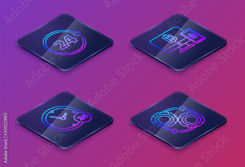 Set Isometric line Clock 24 hours, Clock 24 hours, Computer monitor with mobile phone and bitcoin and Gear and arrows as workflow process concept. Blue square button. Vector