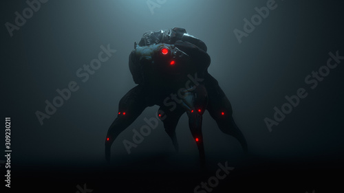 Fotografie 3d illustration of a cyberpunk scary creature with red luminous eyes in a night scene