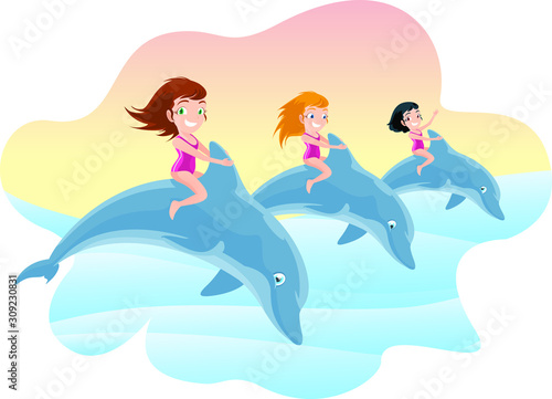 girls riding dolphins