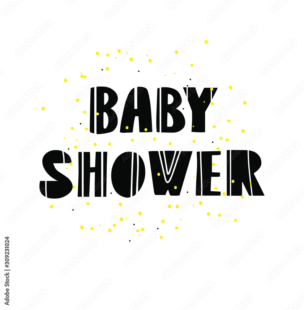 Baby shower flat vector phrase. Newborn cut out letters. Gold calligraphy on whitebackground. Gender reveal and baby shower party greeting card. Newborn scrapbook, photo album phrase with confetti 