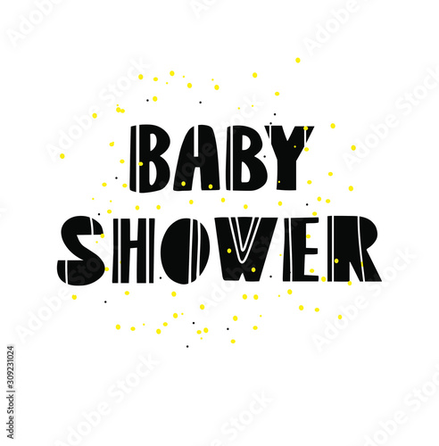 Baby shower flat vector phrase. Newborn cut out letters. Gold calligraphy on whitebackground. Gender reveal and baby shower party greeting card. Newborn scrapbook, photo album phrase with confetti 