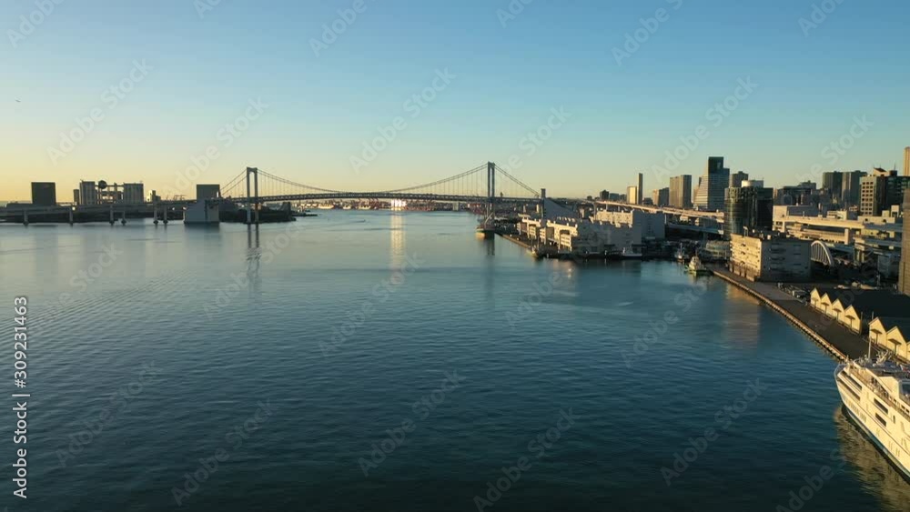 Aerial view of cityscape of Tokyo at sunrise, waters of Tokyo Bay and skyscrapers skyline of modern Japanese capital city, clear blue sky - landscape panorama of Japan from above, Asia Aerial view of cityscape of Tokyo at sunrise, waters of Tokyo Bay and skyscrapers skyline of modern Japanese capital city, clear blue sky - landscape panorama of Japan from above, Asia
