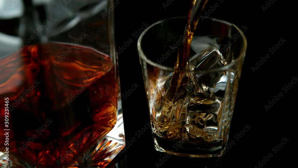 Super slow motion of pouring whiskey or rum with slide motion. Filmed on high speed cinema camera, 1000 fps. Super slow motion of pouring whiskey or rum with slide motion. Filmed on high speed cinema camera, 1000 fps.
