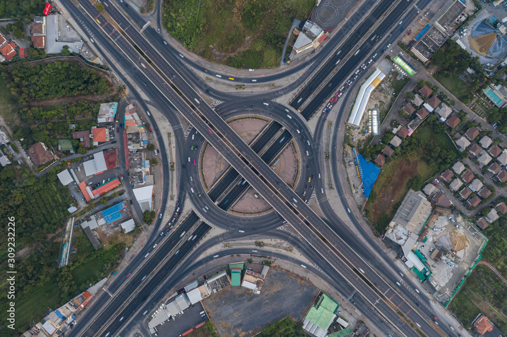 Beautiful Roundabout Rama 5 Aerial Top view Thailand with long exposure cars traffic Beautiful Roundabout Rama 5 Aerial Top view Thailand with long exposure cars traffic