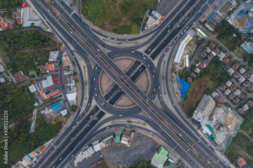 Beautiful Roundabout Rama 5 Aerial Top view Thailand with long exposure cars traffic