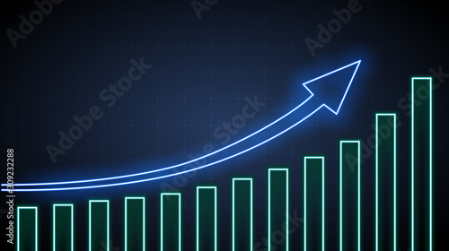 Neon light of growth financial chart with uptrend line arrow graph in stock market on blue color background