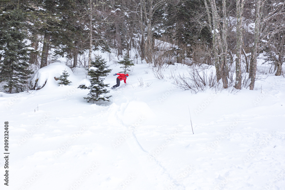 Recreation in the mountains, active winter sports, snowboarding, leisure and enjoyment, emotions and feelings of self-satisfaction.