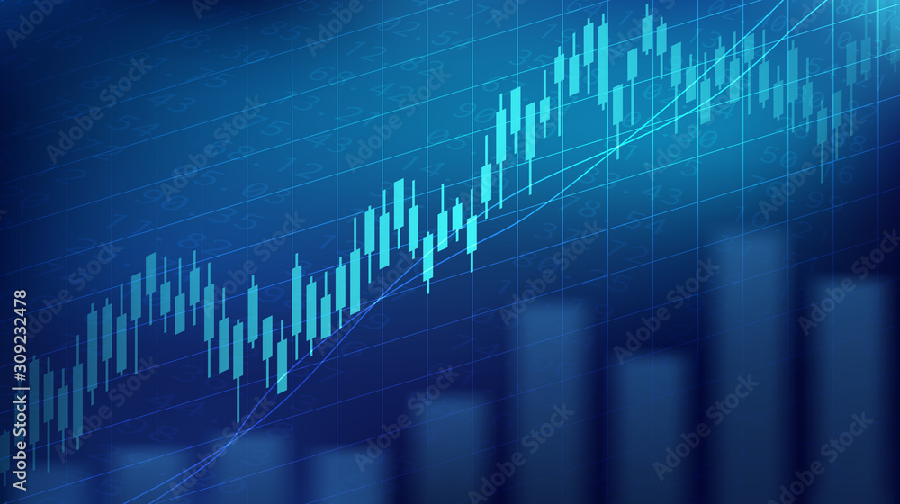 Abstract financial graph with uptrend line and bar chart of stock market on blue color background