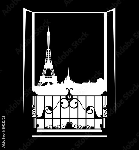 Photography open balcony doors and view over night Paris city skyline - travel to France cop