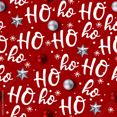 Hohoho pattern, Santa Claus laugh. Seamless texture for Christmas design. Vector red background with handwritten words ho.