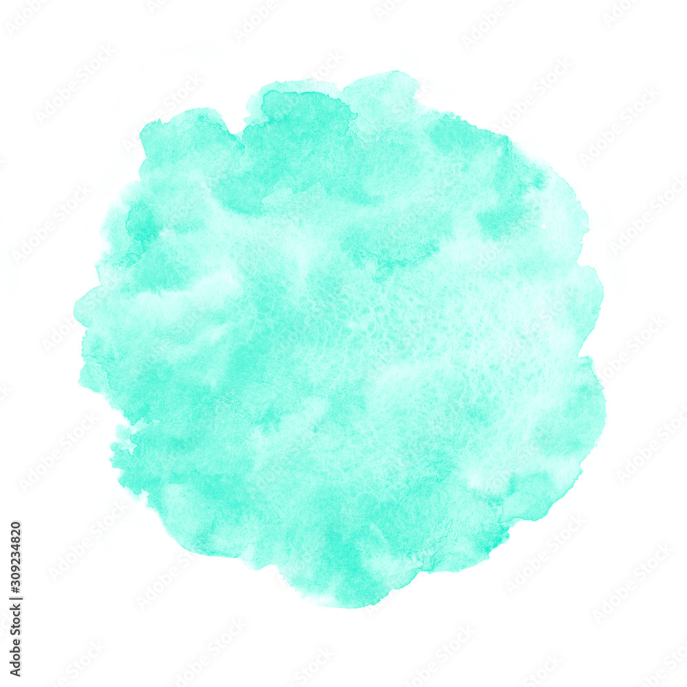 Aqua menthe, mint green watercolor round background, frame. Uneven circle shape with watercolour stains. Painted bright template for text, lettering, cards. Hand drawn abstract aquarelle fill, texture
