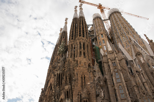 Detail of the outer spiers, still under construction, of the Sagrada Familia in Barcelona, ​​Spain. The Cathedral is an important work of art designed by the architect Antoni Gaudi.