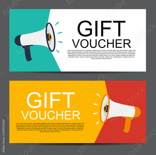 Megaphone with speech bubble. Gift voucher concept template background. Vecto...