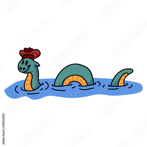 Adorable Cartoon Loch Ness Monster Clip Art. Wild Mythical Animal Icon. Hand Drawn Legendary Beast from Lake Mythology Motif Illustration Doodle in Flat Color. Isolated Reptile. Vector EPS 10. 