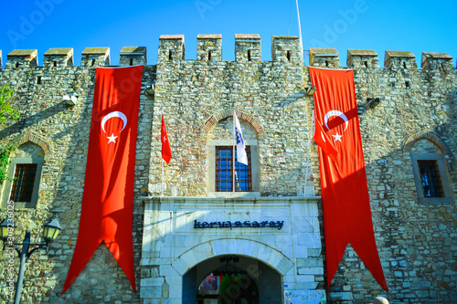 Turkish national flag with white star and moon on the fortress