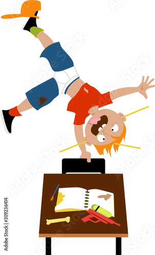 Class clown kid doing a hand stand on a chair,  EPS 8 vector illustration