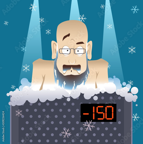 Mature man undergoing a whole body cryotherapy treatment in a cryosauna, EPS 8 vector illustration, no transparencies	