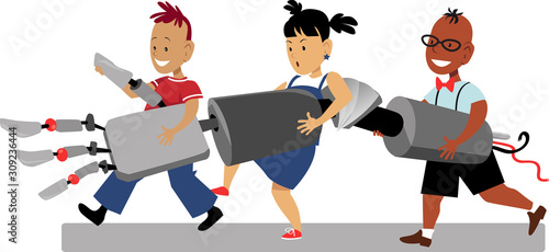 Little kids carrying a giant robotic arm, EPS 8 vector illustration