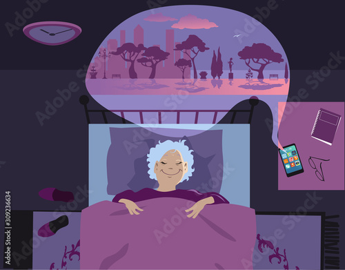 Mature woman lying in bed at night using a sleep aid app on his smartphone, EPS 8 vector illustration