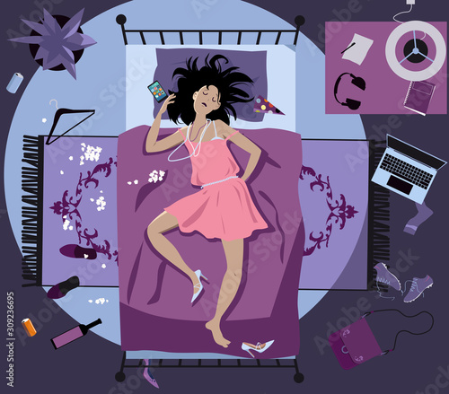 Young woman lying on her bed drunk and passed out in a messy room after a party, EPS 8 vector illustration