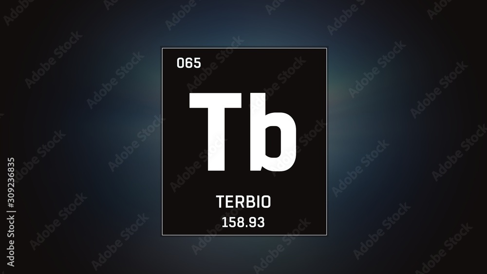 3D illustration of Terbium as Element 65 of the Periodic Table. Grey illuminated atom design background with orbiting electrons. Name, atomic weight, element number in Spanish language 3D illustration of Terbium as Element 65 of the Periodic Table. Grey illuminated atom design background with orbiting electrons. Name, atomic weight, element number in Spanish language