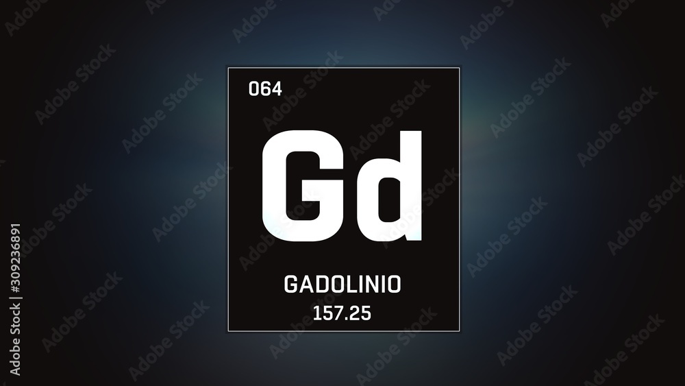 3D illustration of Gadolinium as Element 64 of the Periodic Table. Grey illuminated atom design background with orbiting electrons. Name, atomic weight, element number in Spanish language 3D illustration of Gadolinium as Element 64 of the Periodic Table. Grey illuminated atom design background with orbiting electrons. Name, atomic weight, element number in Spanish language