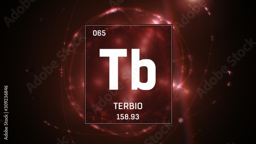 3D illustration of Terbium as Element 65 of the Periodic Table. Red illuminated atom design background with orbiting electrons. Name, atomic weight, element number in Spanish language photo