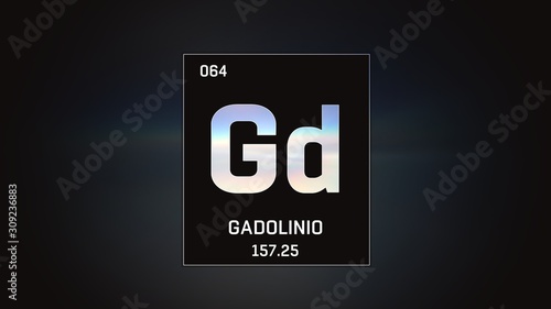 3D illustration of Gadolinium as Element 64 of the Periodic Table. Grey illuminated atom design background with orbiting electrons. Name, atomic weight, element number in Spanish language