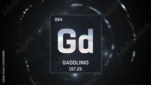 3D illustration of Gadolinium as Element 64 of the Periodic Table. Silver illuminated atom design background with orbiting electrons. Name, atomic weight, element number in Spanish language photo