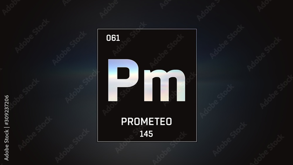 3D illustration of Promethium as Element 61 of the Periodic Table. Grey illuminated atom design background with orbiting electrons. Name, atomic weight, element number in Spanish language 3D illustration of Promethium as Element 61 of the Periodic Table. Grey illuminated atom design background with orbiting electrons. Name, atomic weight, element number in Spanish language