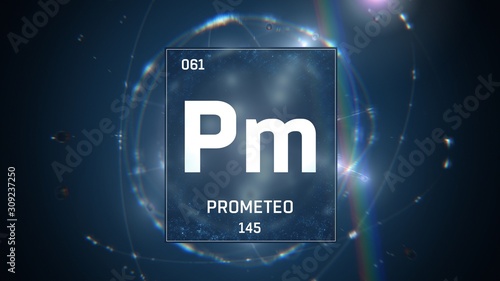 3D illustration of Promethium as Element 61 of the Periodic Table. Blue illuminated atom design background with orbiting electrons. Name, atomic weight, element number in Spanish language