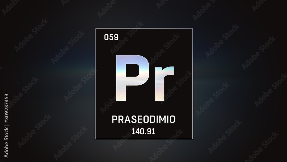 Fototapeta premium 3D illustration of Praseodymium as Element 59 of the Periodic Table. Grey illuminated atom design background with orbiting electrons. Name, atomic weight, element number in Spanish language
