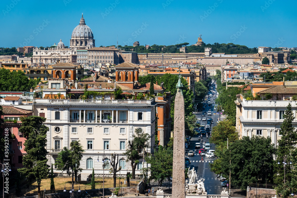 Rome, Italy: Panoramic Scenic View of Piazza del Popolo Square from the Terrace of Pincio in Villa Borghese