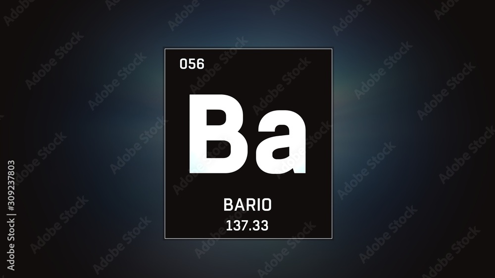 3D illustration of Barium as Element 56 of the Periodic Table. Grey illuminated atom design background with orbiting electrons. Name, atomic weight, element number in Spanish language 3D illustration of Barium as Element 56 of the Periodic Table. Grey illuminated atom design background with orbiting electrons. Name, atomic weight, element number in Spanish language