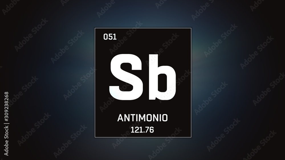 3D illustration of Antimony as Element 51 of the Periodic Table. Grey illuminated atom design background with orbiting electrons. Name, atomic weight, element number in Spanish language 3D illustration of Antimony as Element 51 of the Periodic Table. Grey illuminated atom design background with orbiting electrons. Name, atomic weight, element number in Spanish language
