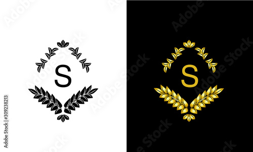 Design of magnificent ancient monogram. Decorative ornament on dark and light background with letter S. Gold and black pattern of brand, business sign, restaurant, boutique, hotel, emblem, jewelry.