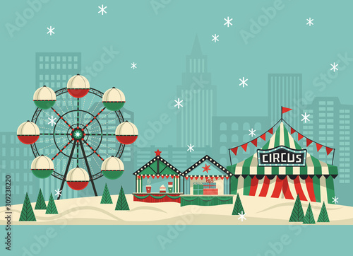 Winter amusement park flat vector poster