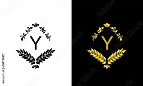 Design of magnificent ancient monogram. Decorative ornament on dark and light background with letter Y. Gold and black pattern of brand, business sign, restaurant, boutique, hotel, emblem, jewelry.