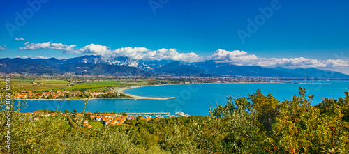 Landscape on the mouth of the Magra river from Montemarcello Liguria Italy