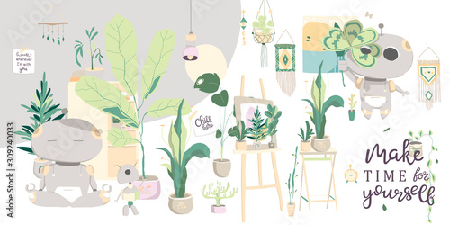 Nature concept illustration, beautiful garden in different situations and home interior and plants. Mobile UI UX GUI template, app interface wireframe. Home design, robot concept