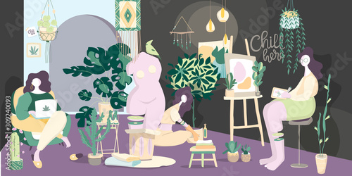 Feminine concept illustration, beautiful women in different situations and home interior and plants. Mobile UI UX GUI template, app interface wireframe. Home design, freelance concept