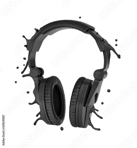 3d close-up rendering of black melting headphones isolated on white background, splashing black drops around.